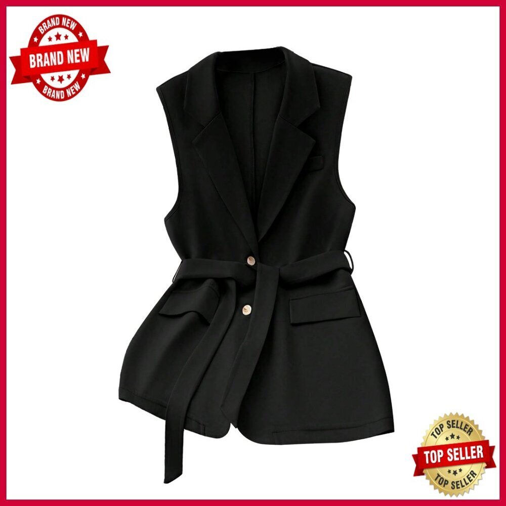 Sleeveless Long Sweater Vest Fitted Collared Belt Knit Blazer Jacket